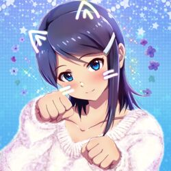  blue_background blue_eyes blue_hair closed_mouth collarbone commentary_request drawn_ears drawn_whiskers face_filter female highres hina_(araburu-hinadori) idolmaster idolmaster_dearly_stars long_sleeves medium_hair mizutani_eri paw_pose shirt smile solo sparkle swept_bangs upper_body whiskers white_shirt 