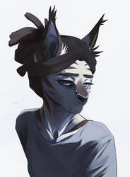  2017 anthro artist_name blue_clothing blue_eyes blue_topwear bridge_piercing brown_body brown_hair bust_portrait chin_piercing clothing dreadlocks ear_piercing eyelashes facial_piercing felid feline female front_view furgonomics furry-specific_piercing gauged_ear glistening glistening_eyes hair hi_res light_topwear lip_piercing looking_down mammal mouth_closed muzzle_piercing nose_piercing piercing portrait simple_background snakebite_piercing solo topwear unknowhiter white_background white_body 