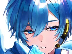  1boy bitten blue_eyes blue_hair blue_scarf half-closed_eyes headset highres kaito_(vocaloid) male_focus parted_lips portrait scarf solo ste_sou25 vocaloid white_background 