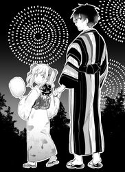  1boy aerial_fireworks blush closed_mouth dale_lecky female fireworks floral_print greyscale height_difference highres holding holding_hands hota japanese_clothes kimono latina_(uchi_no_musume_no_tame_naraba) lolicon long_sleeves looking_at_viewer looking_back medium_hair monochrome obi parted_lips sandals sash summer_festival twintails uchi_no_musume_no_tame_naraba_ore_wa_moshikashitara_maou_mo_taoseru_kamo_shirenai. wide_sleeves yukata 