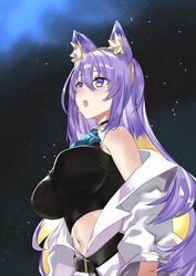  animal_ear_fluff animal_ears belt black_belt black_choker blazingchaos blonde_hair blue_bow bow breasts chandelier_earrings choker coat colored_inner_hair crop_top earrings female hair_between_eyes highres hololive hololive_indonesia howling jewelry large_breasts long_hair looking_up midriff moona_hoshinova moona_hoshinova_(1st_costume) multicolored_eyes multicolored_hair navel night night_sky oerba_yun_fang off_shoulder open_mouth outdoors purple_eyes purple_hair shirt sky sleeveless sleeveless_shirt solo star_(sky) stargazing starry_background starry_sky very_long_hair virtual_youtuber white_coat wolf_ears yellow_eyes 