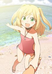  :d bare_arms bare_shoulders beach blonde_hair blush bright_pupils female fisheye flat_chest green_eyes halterneck happy holding_another&#039;s_wrist hota long_hair looking_at_viewer ocean one-piece_swimsuit open_mouth original outdoors pink_one-piece_swimsuit pov pov_hands sand sandals smile solo_focus swimsuit two_side_up white_pupils 