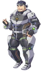  1boy armor bara black_bodysuit blue_eyes blue_hair bodysuit breastplate bulge closed_eyes covered_abs dark_blue_hair facial_hair fingerless_gloves fishnet_legwear fishnets forked_eyebrows full_body gammei_(live_a_hero) gloves hair_strand hand_up live_a_hero looking_at_viewer male_focus mature_male muscular muscular_male oerba_yun_fang official_art open_mouth short_hair shukou_akanaru_(trabel) skin_tight smile solo standing stubble superhero_costume tachi-e thick_thighs thighs tied_hair transparent_background undercut 