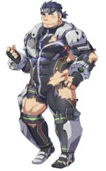  1boy armor bara black_bodysuit blue_eyes blue_hair blush bodysuit breastplate broken_armor bulge closed_mouth covered_abs dark_blue_hair facial_hair fingerless_gloves fishnet_legwear fishnets forked_eyebrows full_body gammei_(live_a_hero) gloves hair_strand hairy hand_up large_pectorals leg_hair live_a_hero looking_at_viewer male_focus mature_male muscular muscular_male official_art pectorals sanpaku short_hair shukou_akanaru_(trabel) skin_tight solo standing stubble superhero_costume tachi-e thick_thighs thighs tied_hair torn_bodysuit torn_clothes transparent_background undercut wavy_mouth 