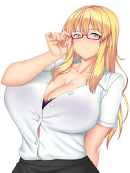  adjusting_eyewear alternate_uniform arm_behind_back artistic_error bad_arm bespectacled black_skirt blush bra breasts cleavage collarbone commentary_request female gigantic_breasts glasses highres long_hair looking_at_viewer mokkori9 no_hair_bow no_headwear purple_bra purple_eyes red-framed_eyewear semi-rimless_eyewear shirt short_sleeves sidelocks simple_background skirt smile solo tight_clothes tight_shirt touhou unbuttoned unbuttoned_shirt under-rim_eyewear underwear upper_body very_long_hair white_background white_shirt yakumo_yukari 