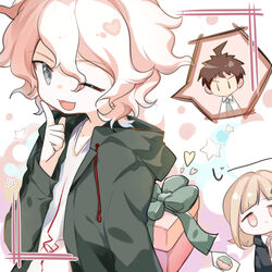  1boy :d ahoge arm_behind_back black_jacket chibi commentary danganronpa_(series) danganronpa_2:_goodbye_despair female gift green_jacket hinata_hajime holding holding_gift hood hooded_jacket hoodie index_finger_raised jacket komaeda_nagito light_brown_hair long_sleeves looking_at_viewer medium_hair midou_(grk12138) nanami_chiaki necktie one_eye_closed open_clothes open_jacket open_mouth pink_ribbon ribbon shirt short_hair smile spoken_character star_(symbol) star_print upper_body white_shirt 