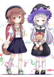  2girls :3 aged_down alternate_costume animal_ears backpack bag black_dress black_footwear black_headwear black_ribbon blue_footwear blue_headwear blue_skirt blush bone_hair_ornament brown_hair closed_mouth dog_ears dog_tags dress grey_hair hair_ornament hat highres holding holding_stuffed_toy hololive hota inugami_korone kindergarten_uniform long_sleeves looking_at_viewer low_twintails multiple_girls murasaki_shion neck_ribbon orange_eyes randoseru red_eyes ribbon sailor_collar school_hat school_uniform serafuku shirt shoes skirt smile socks standing stuffed_animal stuffed_toy suspender_skirt suspenders teddy_bear twintails virtual_youtuber white_sailor_collar white_shirt white_socks witch_hat yellow_ribbon 