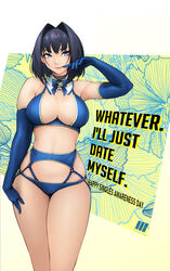  absurdres bad_id bad_pixiv_id bare_shoulders black_hair blue_bow blue_bowtie blue_bra blue_eyes blue_gloves blue_panties bow bow_earrings bowtie bra breasts cleavage commentary detached_collar earrings elbow_gloves english_commentary english_text female gloves hair_intakes hand_up highres ho2nium hololive hololive_english jewelry large_breasts looking_at_viewer medium_hair ouro_kronii panties revision solo standing tongue tongue_out underwear virtual_youtuber 