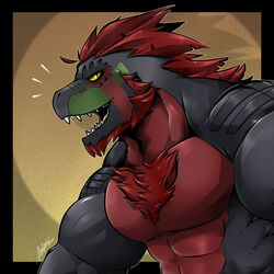  abs aliensymbol anthro beard biceps black_body body_hair chest_hair chest_tuft dinosaur extinct facial_hair fangs hair hi_res looking_at_viewer male muscular muscular_anthro muscular_male pecs prehistoric_species red_hair reptile scalie solo tagg teeth theropod tuft tyrannosaurid tyrannosauroid tyrannosaurus tyrannosaurus_rex 