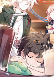  2boys absurdres ahoge black_jacket brown_hair cake candle candy collarbone commentary danganronpa_(series) danganronpa_2:_goodbye_despair drinking_straw female food from_below green_eyes green_jacket hat head_rest highres hinata_hajime holding hood hooded_jacket jacket komaeda_nagito light_brown_hair midou_(grk12138) multiple_boys musical_note nanami_chiaki neck_ribbon no_eyes open_clothes open_jacket pink_ribbon print_shirt ribbon shirt short_hair sleeping smile white_shirt 