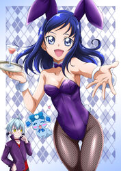  1boy :d animal_ears black_legwear blue_eyes blue_hair blush bow bowtie breasts choker cleavage collarbone cowboy_shot detached_collar dokidoki!_precure embarrassed fake_animal_ears female fishnet_pantyhose fishnets floating_hair hand_on_own_hip hanzou heart highleg highleg_leotard highres hishikawa_rikka holding holding_plate ira_(dokidoki!_precure) jacket leotard long_hair looking_at_viewer open_mouth pantyhose plate playboy_bunny precure purple_bow purple_bowtie purple_jacket purple_leotard rabbit_ears rakeru_(dokidoki!_precure) red_choker red_shirt shirt sideboob small_breasts smile standing strapless strapless_leotard swept_bangs thigh_gap thighhighs wrist_cuffs yellow_eyes 