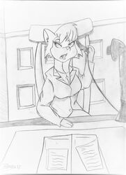  2017 anthro cats_don&#039;t_dance chair clothed clothing domestic_cat electronics fangs felid feline felis female fur furniture graphite_(artwork) hair half-closed_eyes hi_res holding_object holding_phone landline_phone looking_aside looking_away mammal marcushunter monochrome narrowed_eyes open_mouth paper pencil_(artwork) phone phone_call sawyer_(cats_don&#039;t_dance) signature sitting solo teeth tongue traditional_media_(artwork) warner_brothers 