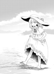  :d beach blush bow dress female greyscale hairbow hat hota latina_(uchi_no_musume_no_tame_naraba) long_dress medium_hair monochrome neck_ribbon ocean open_mouth outdoors puffy_short_sleeves puffy_sleeves ribbon sandals short_sleeves skirt_hold slit_pupils smile standing standing_on_one_leg sun_hat sundress uchi_no_musume_no_tame_naraba_ore_wa_moshikashitara_maou_mo_taoseru_kamo_shirenai. 