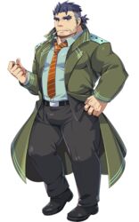  1boy aqua_shirt bara belt between_pectorals black_belt blue_eyes blue_hair bulge cigarette coat collared_shirt dark_blue_hair diagonal-striped_clothes diagonal-striped_necktie facial_hair forked_eyebrows full_body gammei_(live_a_hero) green_coat hair_strand hand_on_own_hip hand_up large_pectorals live_a_hero long_sleeves looking_at_viewer male_focus mature_male muscular muscular_male necktie necktie_between_pectorals official_art open_clothes open_coat orange_necktie pectorals shirt shirt_tucked_in short_hair shukou_akanaru_(trabel) solo standing striped_clothes striped_necktie stubble tachi-e thick_thighs thighs tied_hair transparent_background undercut 