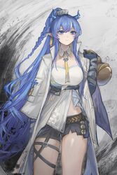  arknights arm_tattoo black_shorts black_skin blue_eyes blue_hair braid braided_ponytail coat collar colored_skin cowboy_shot detached_sleeves dragon_horns female fuyuyu-pon grey_background hair_between_eyes highres holding horns ling_(arknights) long_hair necktie open_clothes open_coat pointy_ears shirt shorts sidelocks smile solo tattoo very_long_hair white_coat white_collar white_shirt yellow_necktie 