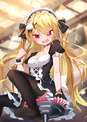  absurdres ahoge bad_id bad_pixiv_id bar_stool black_bow black_choker black_dress black_hairband black_thighhighs blonde_hair blurry blurry_background borrowed_character bow breasts chinese_commentary choker cleavage collarbone commentary_request depth_of_field dress female frilled_dress frilled_hairband frills hair_between_eyes hair_ornament hairband hairbow hand_up heart heart_ahoge highres indoors long_hair looking_at_viewer medium_breasts niliu_chahui no_shoes oerba_yun_fang open_mouth original photoshop_(medium) puffy_short_sleeves puffy_sleeves qys3 red_eyes revision short_sleeves sitting soles solo stool tears thighhighs tokisaki_asaba_(niliu_chahui) two_side_up very_long_hair wavy_mouth wrist_cuffs x_hair_ornament 