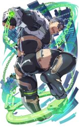  1boy armor ass bara black_bodysuit blue_eyes blue_hair body_hair bodysuit breastplate broken_armor bulge cuffs dark_blue_hair dynamic_pose facial_hair feet fingerless_gloves fishnet_legwear fishnets forehead_protector forked_eyebrows full_body gammei_(live_a_hero) gloves hair_strand hairy handcuffs large_pectorals leg_hair live_a_hero looking_at_viewer male_focus mature_male muscular muscular_male official_art oversized_object pectorals short_hair shukou_akanaru_(trabel) skin_tight solo stubble superhero_costume thick_thighs thighs tied_hair torn_bodysuit torn_clothes undercut 