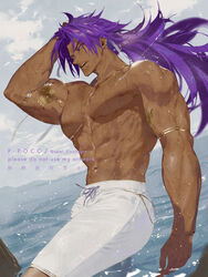  1boy abs arm_tattoo artist_name bara bhima_(fate) cloud dark-skinned_male dark_skin day fate/grand_order fate_(series) highres large_pectorals long_hair male_focus male_swimwear muscular muscular_male navel nipples outdoors pectorals purple_hair semi_(p-poco) sky solo tattoo twitter_username water white_male_swimwear 