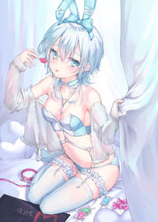  animal_ears bandaid bandaid_on_breast bare_shoulders bikini blue_bikini blue_choker breasts candy candy_wrapper choker cleavage collar collarbone curtains fake_animal_ears female food garter_straps highres holding holding_candy holding_food holding_lollipop leash lollipop long_sleeves medium_breasts navel o-ring o-ring_top off_shoulder open_clothes open_shirt original parufeito playboy_bunny rabbit_ears shirt sign sitting solo stomach swimsuit thighhighs white_bikini white_shirt white_thighhighs yokozuwari 