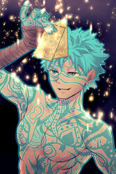  1boy angra_mainyu_(fate) angra_mainyu_(third_ascension)_(fate) black_background blue_eyes blue_hair chaldea_logo collarbone fate/grand_order fate_(series) full-body_tattoo holding jitome kassan_(kassan_5a) light_particles male_focus messy_hair pectorals smile smug solo summon_ticket_(fate) tattoo topless_male upper_body 