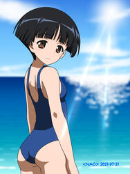  artist_name ass beach black_hair blue_one-piece_swimsuit blush breasts brown_eyes closed_mouth dated day female from_behind girls_und_panzer highres konparu_nozomi looking_at_viewer looking_back naotosi ocean one-piece_swimsuit outdoors shiny_skin short_hair shoulder_blades sky small_breasts solo swimsuit 