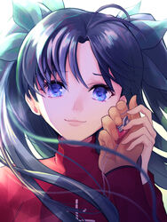  1boy ahoge archer_(fate) black_hair blue_eyes closed_mouth eye_reflection fate/stay_night fate_(series) female jewelry kassan_(kassan_5a) lips long_hair looking_at_viewer necklace red_shirt reflection shirt simple_background smile tohsaka_rin two_side_up upper_body white_background 