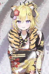  :p ahoge animal_ears animal_print blonde_hair chinese_zodiac female flower fur_scarf furisode hair_flower hair_ornament hairclip highres hololive horns japanese_clothes kanzashi kimono looking_at_viewer mizuhi_kou new_year ponytail purple_eyes sheep_ears sheep_girl sheep_horns short_hair smile solo tiger_ears tiger_girl tiger_print tongue tongue_out tsunomaki_watame virtual_youtuber wide_sleeves year_of_the_tiger 