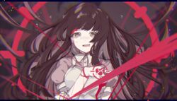  absurdres apron bandaged_hand bandages blood blush collared_shirt commentary danganronpa_(series) danganronpa_2:_goodbye_despair dress_shirt female floating_hair highres long_hair looking_at_viewer midou_(grk12138) open_mouth pink_blood pink_shirt print_apron puffy_short_sleeves puffy_sleeves purple_eyes shirt short_sleeves solo symbol-only_commentary tsumiki_mikan uniform upper_body white_apron 