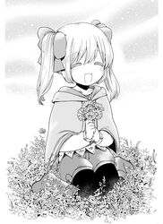  :d blush boots bow cloak closed_eyes daisy dot_nose female flower greyscale hairbow highres holding holding_flower hood hooded_cloak hota latina_(uchi_no_musume_no_tame_naraba) medium_hair monochrome open_mouth pantyhose shorts sitting smile solo twintails uchi_no_musume_no_tame_naraba_ore_wa_moshikashitara_maou_mo_taoseru_kamo_shirenai. wariza 