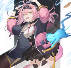  alternate_hairstyle animal_ears arknights arms_up black_choker black_skirt blush bracelet breasts cat_ears cat_girl cat_tail choker coat commentary cowboy_shot crying crying_with_eyes_open english_commentary feline female garter_straps goldenglow_(arknights) gradient_background grey_background hair_down haocong33 high-waist_skirt id_card infection_monitor_(arknights) jewelry long_hair long_sleeves medium_breasts messy_hair multicolored_coat open_clothes open_coat open_mouth pink_hair scottish_fold shirt skirt solo tail tears thighhighs two-tone_coat white_shirt white_thighhighs yellow_eyes zettai_ryouiki 