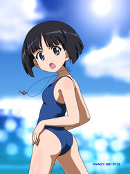  artist_name ass beach black_hair blue_eyes blue_one-piece_swimsuit blunt_bangs blunt_ends blurry blush bob_cut breasts dated day depth_of_field female from_behind girls_und_panzer highres looking_at_viewer looking_back naotosi ocean one-piece_swimsuit open_mouth outdoors short_hair sky small_breasts solo sono_midoriko swimsuit thighs whistle whistle_around_neck 