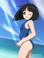  artist_name ass beach black_hair blue_one-piece_swimsuit blush breasts brown_eyes dated day female from_side girls_und_panzer gotou_moyoko highres looking_at_viewer looking_to_the_side naotosi ocean one-piece_swimsuit one_eye_closed open_mouth outdoors short_hair sky small_breasts solo swimsuit 