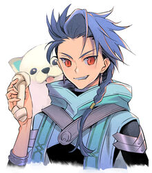  1boy asymmetrical_hair black_bodysuit blue_hair bodysuit bodysuit_under_clothes bone braid canine cu_chulainn_(fate) earrings fate/grand_order fate/grand_order_arcade fate_(series) grin hair_over_shoulder holding holding_bone hood jewelry kassan_(kassan_5a) looking_at_viewer male_focus red_eyes samoyed_(dog) setanta_(fate) simple_background slit_pupils smile solo white_background 