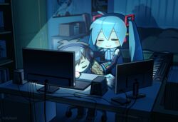  1boy =_= aqua_hair bare_shoulders black_sleeves blanket blush bookshelf box chibi closed_eyes commentary computer computer_keyboard covering_with_blanket desk detached_sleeves female grey_shirt hair_ornament hatsune_miku headphones headset indoors instrument keyboard_(instrument) long_hair master_(vocaloid) monitor nokuhashi plaid_blanket poster_(object) room screen_light shelf shirt shoulder_tattoo sleeping sleeveless sleeveless_shirt smile speaker tattoo twintails very_long_hair vocaloid vocaloid_boxart_pose 