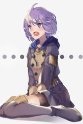  bernadetta_von_varley bike_shorts boots commentary_request female fire_emblem fire_emblem:_three_houses full_body garreg_mach_monastery_uniform grey_background grey_eyes hood hood_down knee_boots long_sleeves open_mouth panda_inu purple_hair short_hair simple_background sitting solo translation_request uniform 