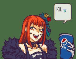  :d bare_shoulders can commentary drink_can eyeshadow female fire_emblem fire_emblem_engage franzj fur_trim glaceo green_background hair_ornament holding holding_can long_hair looking_at_viewer makeup meme open_mouth orange_hair panette_(fire_emblem) pepsi pixel_art simple_background smile soda_can solo speech_bubble upper_body yellow_eyes 