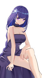  absurdres alternate_costume bare_arms bare_legs bare_shoulders blunt_bangs breasts choker cleavage commentary czk dress feet_out_of_frame female flower genshin_impact hair_flower hair_ornament highres large_breasts long_hair mole mole_under_eye purple_dress purple_eyes purple_flower purple_hair raiden_shogun simple_background sitting solo strapless strapless_dress thighs very_long_hair white_background 