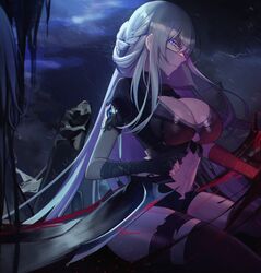  absurdres bad_id bad_pixiv_id bandaged_arm bandages black_shorts blue_eyes braid breasts character_request cleavage copyright_request female french_braid gem highres large_breasts long_hair looking_at_viewer mouth_veil navel night orn rain revealing_clothes shorts sitting solo stomach thighhighs torn_clothes torn_thighhighs veil very_long_hair wet wet_clothes white_hair 