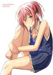  absurdres baldr_(series) baldr_sky breasts cleavage collarbone dated dress female from_side highres hugging_own_legs looking_at_viewer m.a.o nagisa_chinatsu pink_hair ponytail short_hair sitting sleeveless sleeveless_dress smile solo twitter_username white_background yellow_eyes 