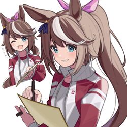  animal_ears blue_eyes brown_hair collar female hair_ornament hair_ribbon highres holding_record horse_ears horse_girl jacket long_hair long_sleeves multicolored_hair open_mouth pencil pink_ribbon ponytail red_track_suit ribbon shirt simple_background smile solo sportswear streaked_hair tokai_teio_(umamusume) track_jacket track_suit umamusume very_long_hair white_background white_collar white_hair white_shirt writing yomogi_uehara 