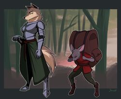  anthro armor armor_plates armored_boots armored_gloves backpack belt boots canid canine canis closed_eyes clothed clothing duo female footwear forest fur hand_on_weapon hi_res jarnqk male mammal mouse murid murine plant rodent shaking struggling tail tree trembling wolf 