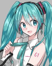  aqua_eyes aqua_hair aqua_nails aqua_ribbon bare_shoulders commentary detached_sleeves female grey_background hair_ornament hatsune_miku hatsune_miku_(nt) headphones headset light_blush long_hair nail_polish neck_ribbon neck_ribbon_grab open_mouth piapro ribbon see-through see-through_sleeves shirt shoulder_tattoo smile solo supo01 tattoo twintails upper_body very_long_hair vocaloid white_shirt white_sleeves 