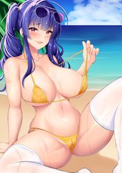  :3 ahoge aviator_sunglasses azur_lane beach bikini breasts cameltoe eyewear_on_head female groin highres kisaragi_nana large_breasts long_hair looking_at_viewer navel official_alternate_costume outdoors pola_(azur_lane) pola_(seaside_coincidence)_(azur_lane) pulling_own_clothes purple_hair red_eyes side-tie_bikini_bottom skindentation smug solo strap_pull sunglasses swimsuit thick_thighs thighhighs thighs twintails water wet wet_clothes wet_legwear wet_swimsuit white_thighhighs yellow_bikini 