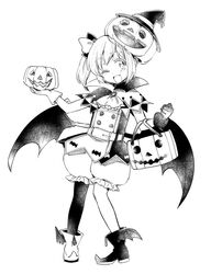  :d ankle_boots asymmetrical_gloves belt blush boots bow buttons double-breasted dress female full_body gloves greyscale hairbow halloween_bucket halloween_costume hand_up hat holding hota jack-o&#039;-lantern latina_(uchi_no_musume_no_tame_naraba) looking_at_viewer low_wings mismatched_gloves monochrome oerba_yun_fang one_eye_closed open_mouth pigeon-toed pointy_footwear puffy_shorts pumpkin_on_head short_dress shorts simple_background single_thighhigh smile solo thighhighs uchi_no_musume_no_tame_naraba_ore_wa_moshikashitara_maou_mo_taoseru_kamo_shirenai. vampire_costume white_background wings witch_hat 