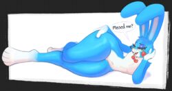  2023 anthro bedroom_eyes black_border blue_body blue_fur blush blush_stickers border bow_ribbon bow_tie buckteeth digital_drawing_(artwork) digital_media_(artwork) english_text eyebrows eyelashes eyshadow featureless_chest femboy five_nights_at_freddy&#039;s five_nights_at_freddy&#039;s_2 full-length_portrait fur green_eyes hand_on_head hand_on_hip hi_res lagomorph leporid long_ears looking_at_viewer lying male mammal narrowed_eyes navel on_side portrait rabbit scottgames seductive simple_background teeth text thick_thighs toy_bonnie_(fnaf) ttothep_arts tuft white_background wide_hips 