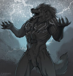  2022 5_fingers abs absurd_res anthro canid canine canis carduelis chest_tuft claws digital_media_(artwork) fangs featureless_crotch finger_claws fingers fur hi_res male mammal muscular muscular_anthro muscular_male navel nude open_mouth pecs signature solo standing teeth tongue tuft wolf 