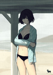  bad_id bad_pixiv_id beach bikini black_bikini black_eyes black_hair breasts cleavage commentary_request female gbmah highres jacket navel original short_hair sleeves_past_wrists solo swimsuit 