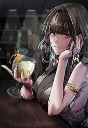  2girls absurdres ahoge alternate_costume bare_shoulders black_dress blue_bow blunt_bangs blush bow breasts brown_hair cleavage closed_mouth commentary covered_nipples cup dress drink drinking_glass dryseaweed dsr-50_(girls&#039;_frontline) dsr-50_(highest_bid)_(girls&#039;_frontline) evening_gown food fruit girls&#039;_frontline highres holding holding_cup holding_food jewelry large_breasts long_hair looking_at_viewer mandarin_orange multiple_girls official_alternate_costume red_eyes ring see-through see-through_cleavage smile springfield_(girls&#039;_frontline) table very_long_hair 