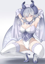  armpits arms_up breasts cleavage demon_girl demon_horns demon_wings duel_monster earrings female garoudo_(kadouhan&#039;i) grey_eyes highleg horns jewelry large_breasts looking_at_viewer lovely_labrynth_of_the_silver_castle low_wings multiple_wings presenting_armpit solo squatting sweat sweatdrop thighhighs thighs wings yu-gi-oh! 