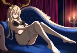  absurdres antlers arknights bad_id bad_pixiv_id bare_shoulders black_bra black_panties blonde_hair bra breasts calvaires candle clothes_pull couch curtains female highres horns indoors long_hair md5_mismatch no_shoes panties pantyhose pantyhose_pull purple_eyes solo stomach thighs underwear very_long_hair viviana_(arknights) white_pantyhose 